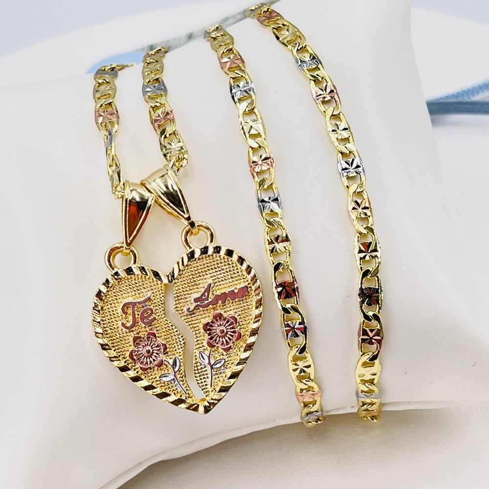 GOLD PLATED TRI-COLOR "LOVE " FLOWER HEART SPLIT PENDANT NECKLACE 22 INCHE